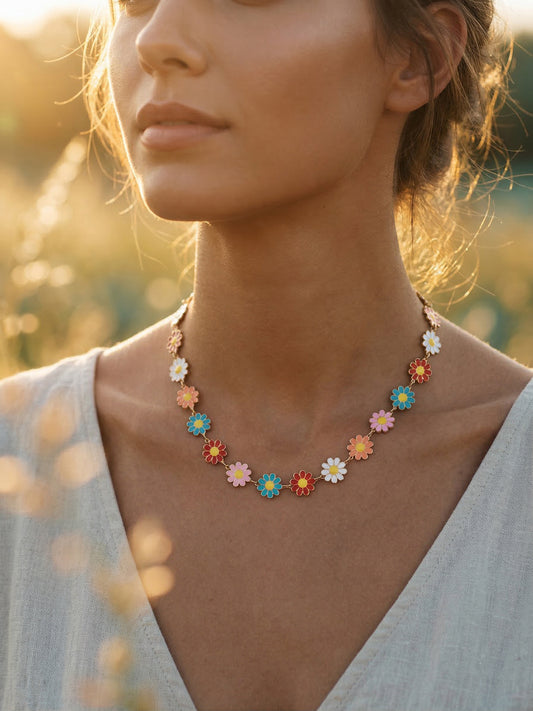 Woman wearing a multicoloured daisy necklace with a blurred natural background