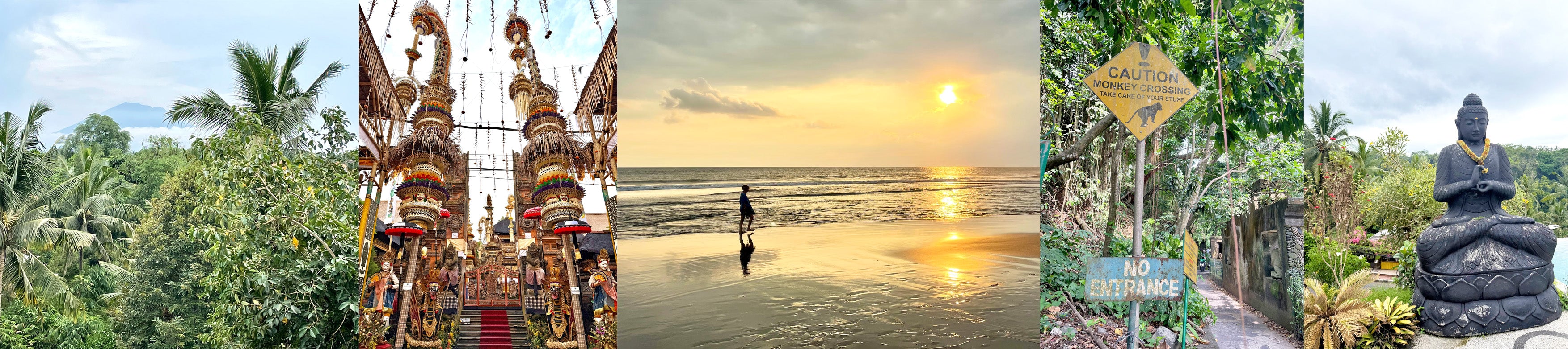 Collage of a traditional Balinese temple, beach sunset, directional sign, and statue.