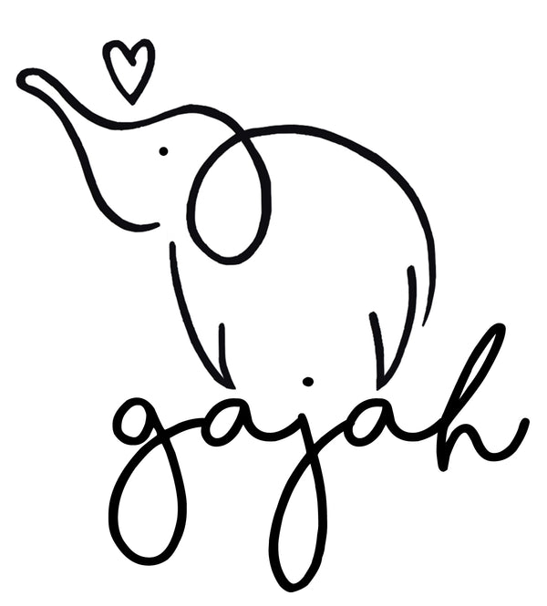 Black outline drawing of an elephant with a heart above it and the word 'gajah' below on a white backgroundwing 