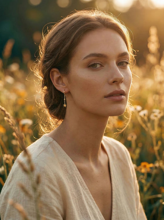 Woman standing in a field with warm, natural lighting wearing gold star shaped earrings
