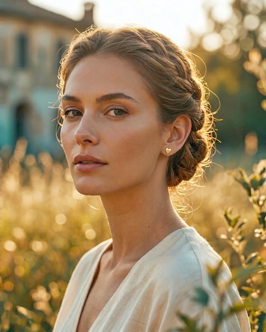 Woman with braided hair in a natural setting with greenery and sunlight wearing gold stud earrings