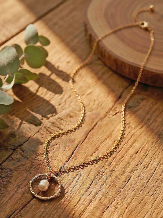 Simple Ring & Natural Pearl Necklace [18ct Gold-Plated]