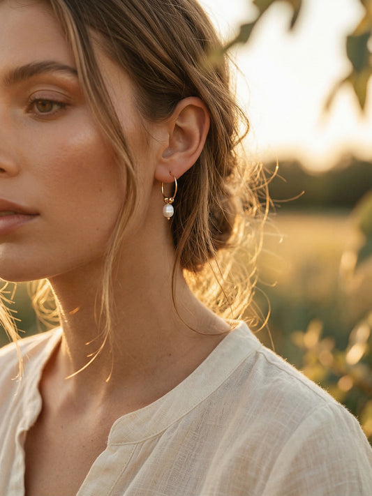 Simple Natural Pearl Hoop Earrings [18ct Gold-Plated]