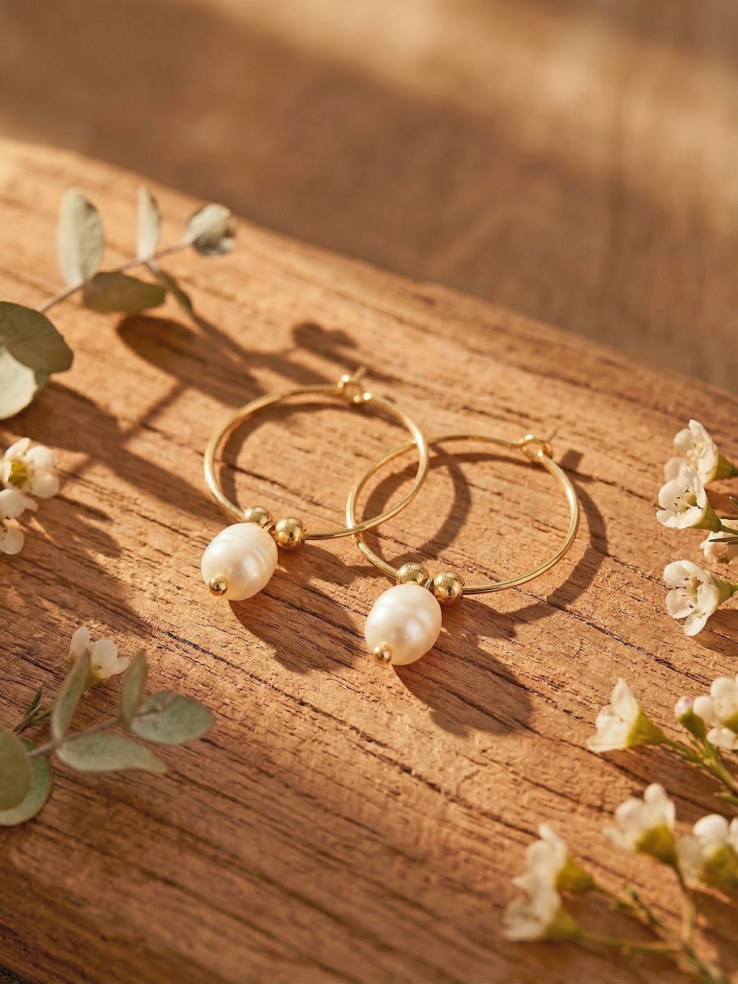 Simple Natural Pearl Hoop Earrings [18ct Gold-Plated]