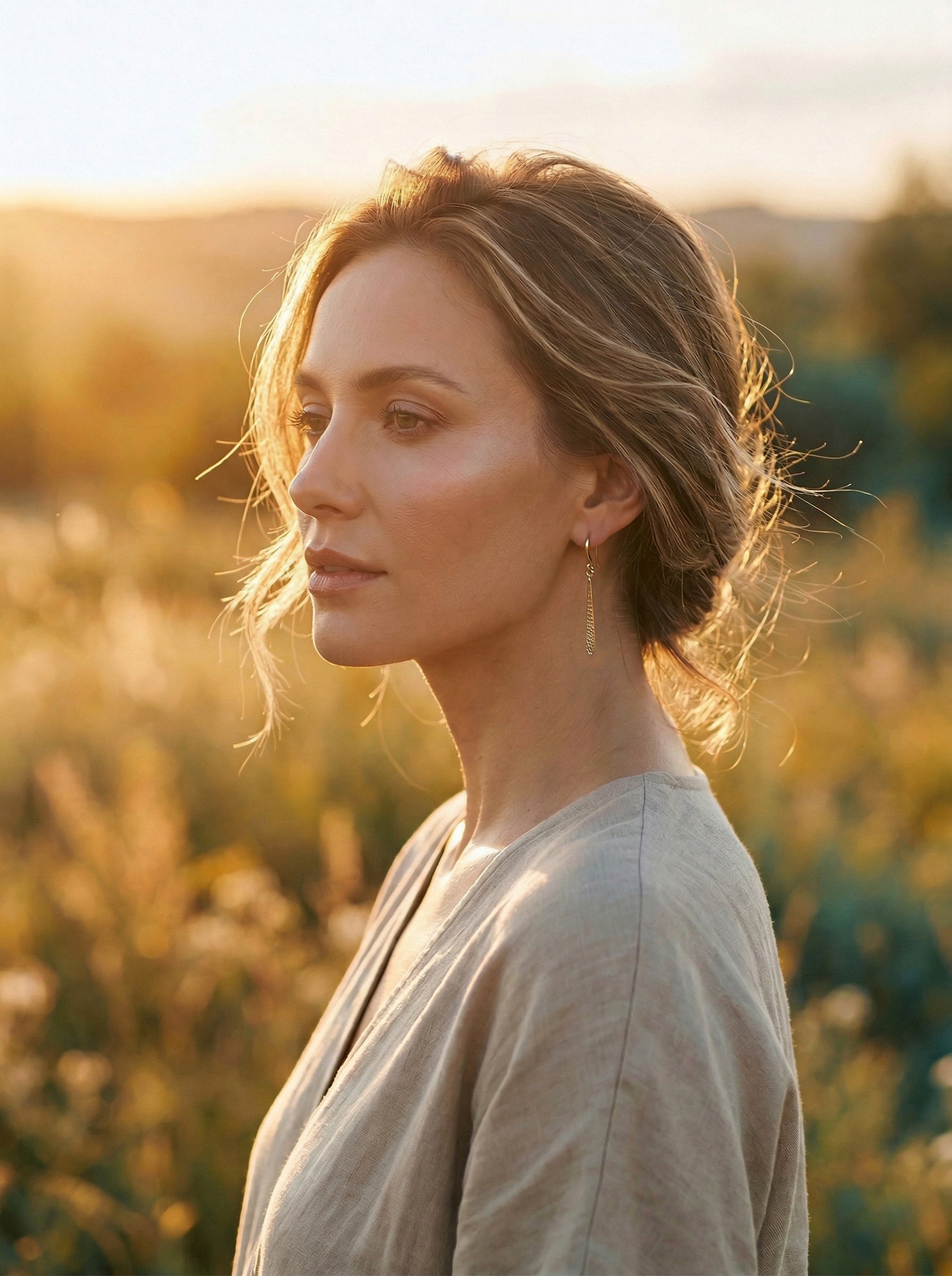 Woman standing in a field with warm sunlight wearing gold earrings