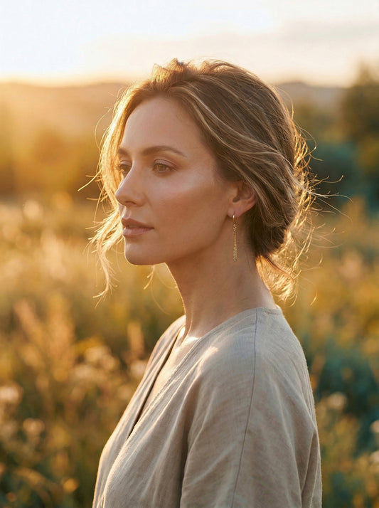 Woman standing in a field with warm sunlight wearing gold earrings