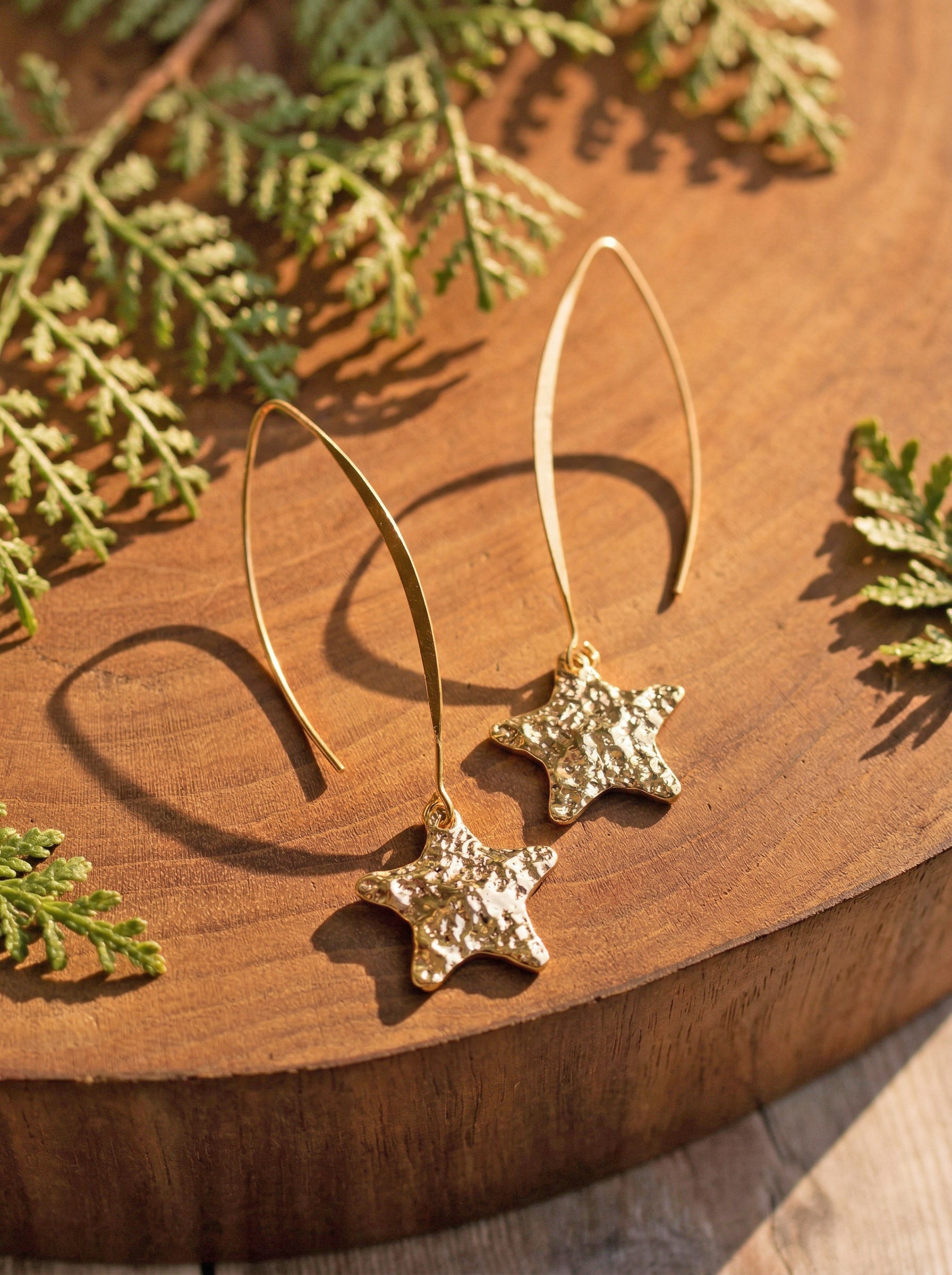 Gold star earrings on a wooden surface with green leaves