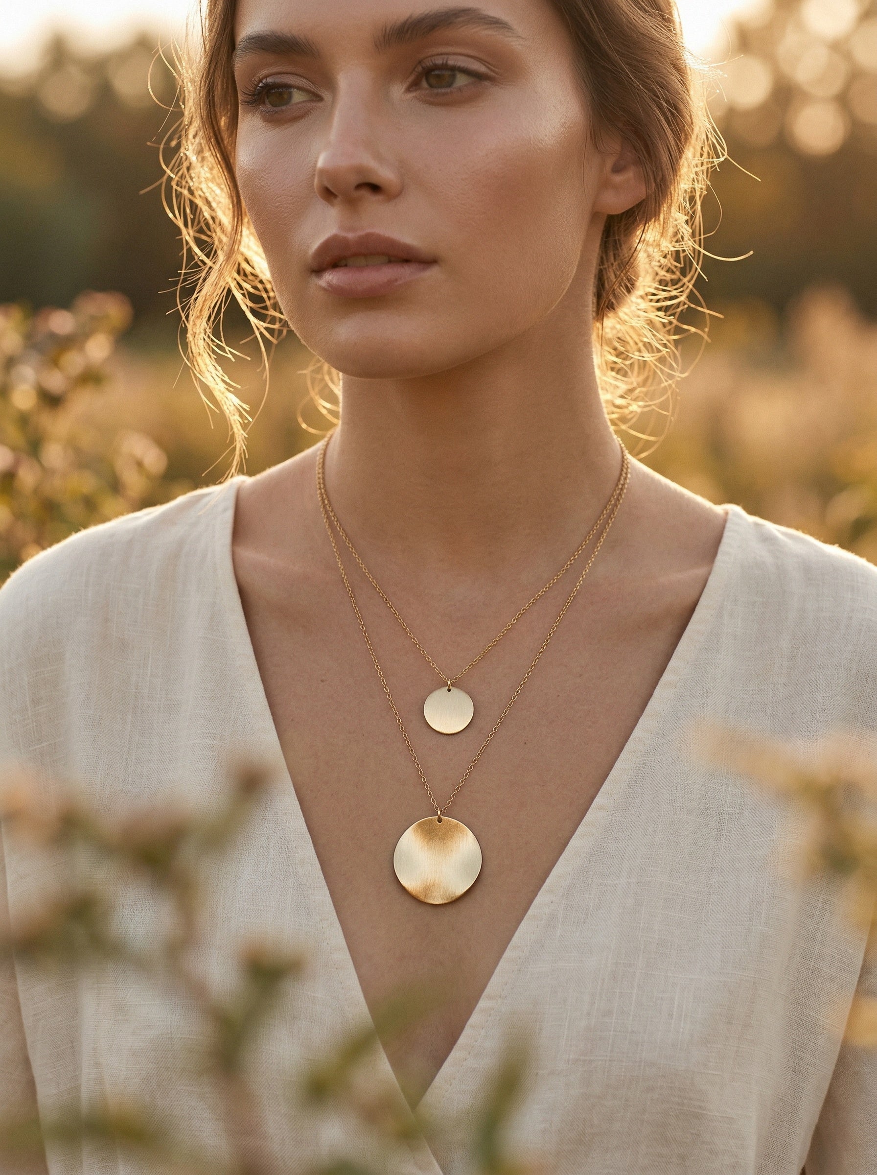 Woman wearing a gold disc necklace with a blurred natural background