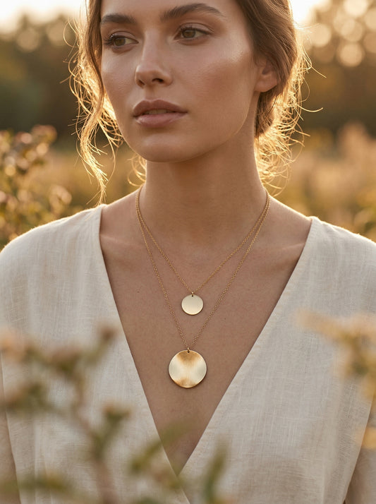 Woman wearing a gold disc necklace with a blurred natural background