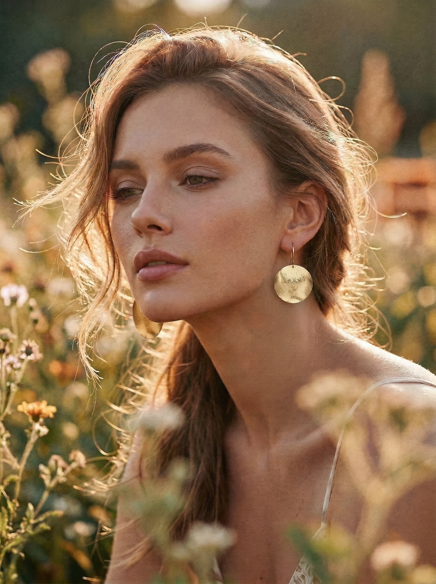 Woman with large gold disc earrings standing in a field of flowers
