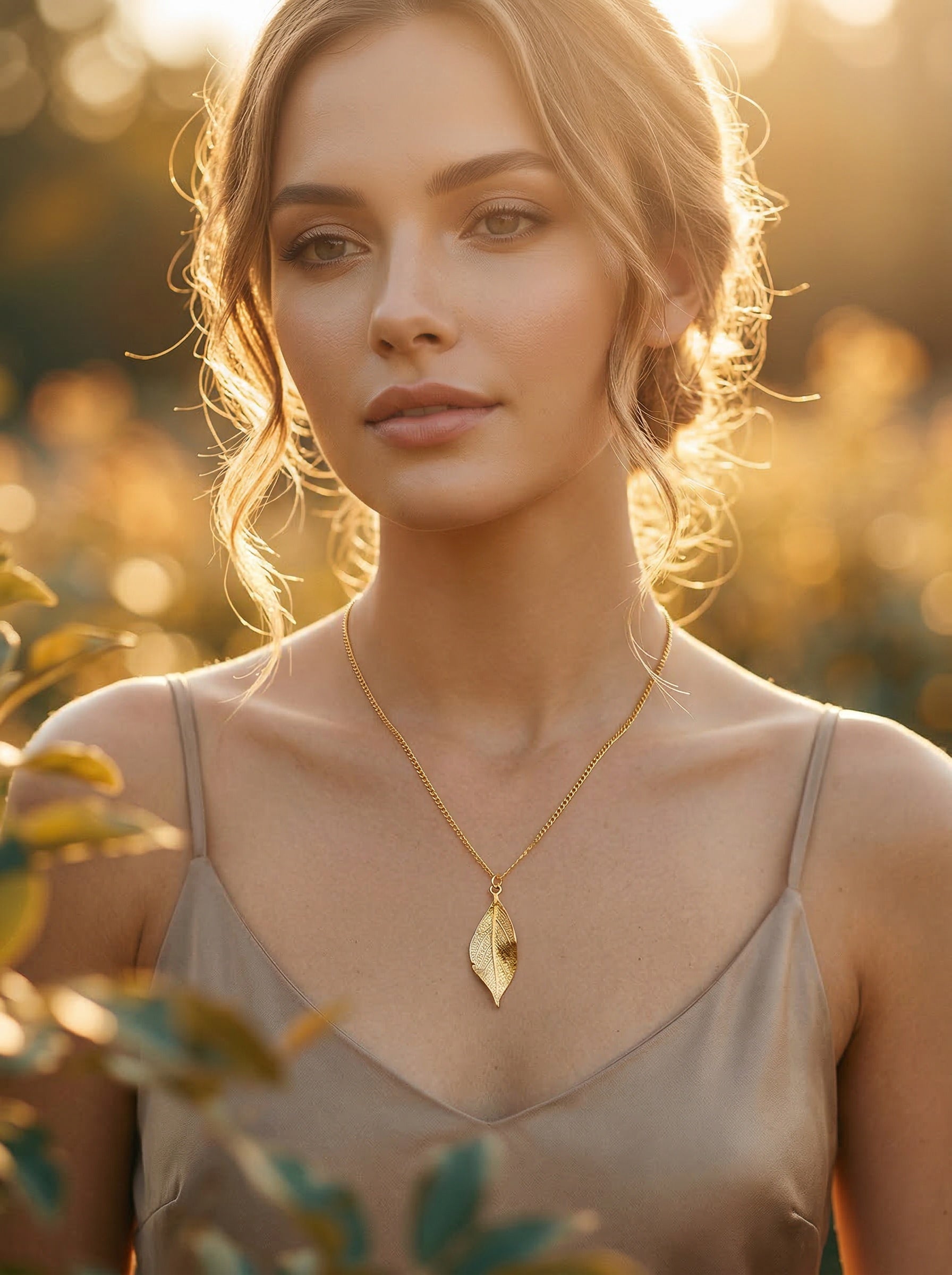 Woman wearing a gold necklace with a leaf pendant in a natural setting at golden hour