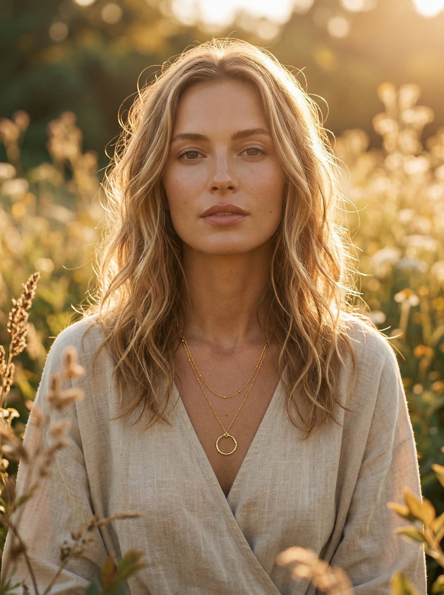 Woman standing in a field at golden hour  wearing a beige top nad gold-plated ring necklace