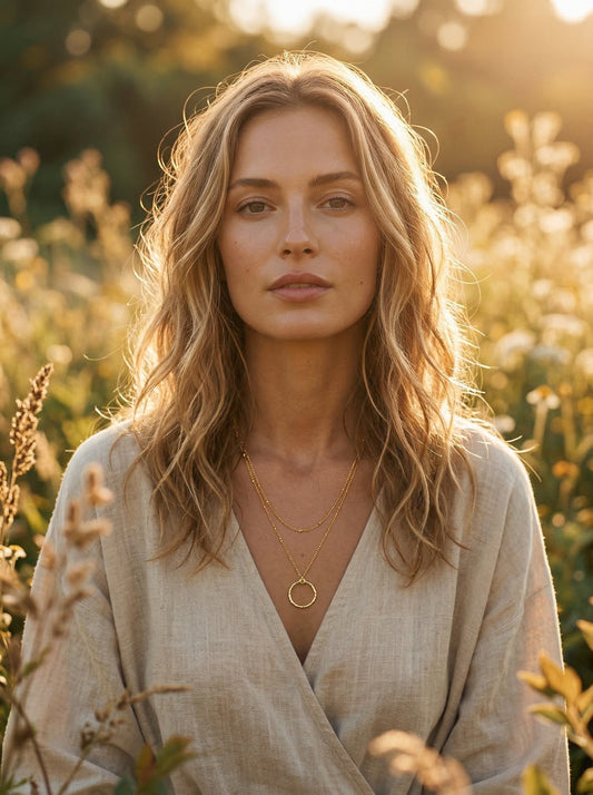 Woman standing in a field at golden hour  wearing a beige top nad gold-plated ring necklace