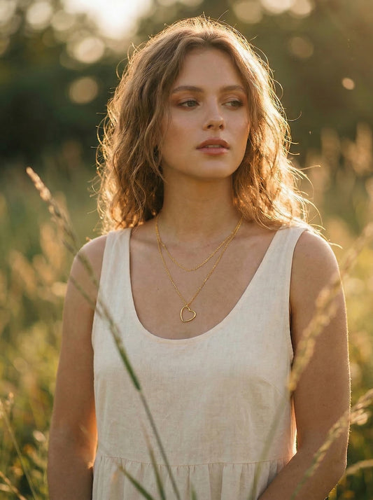 Woman in a beige dress standing in a field at golden hour with a layered gold heart pendant necklace