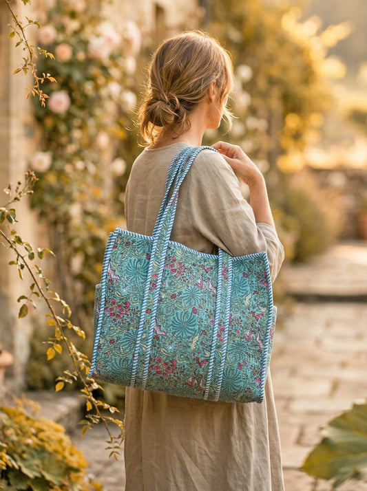 Women carrying a turquoise tote bag in an outdoor setting