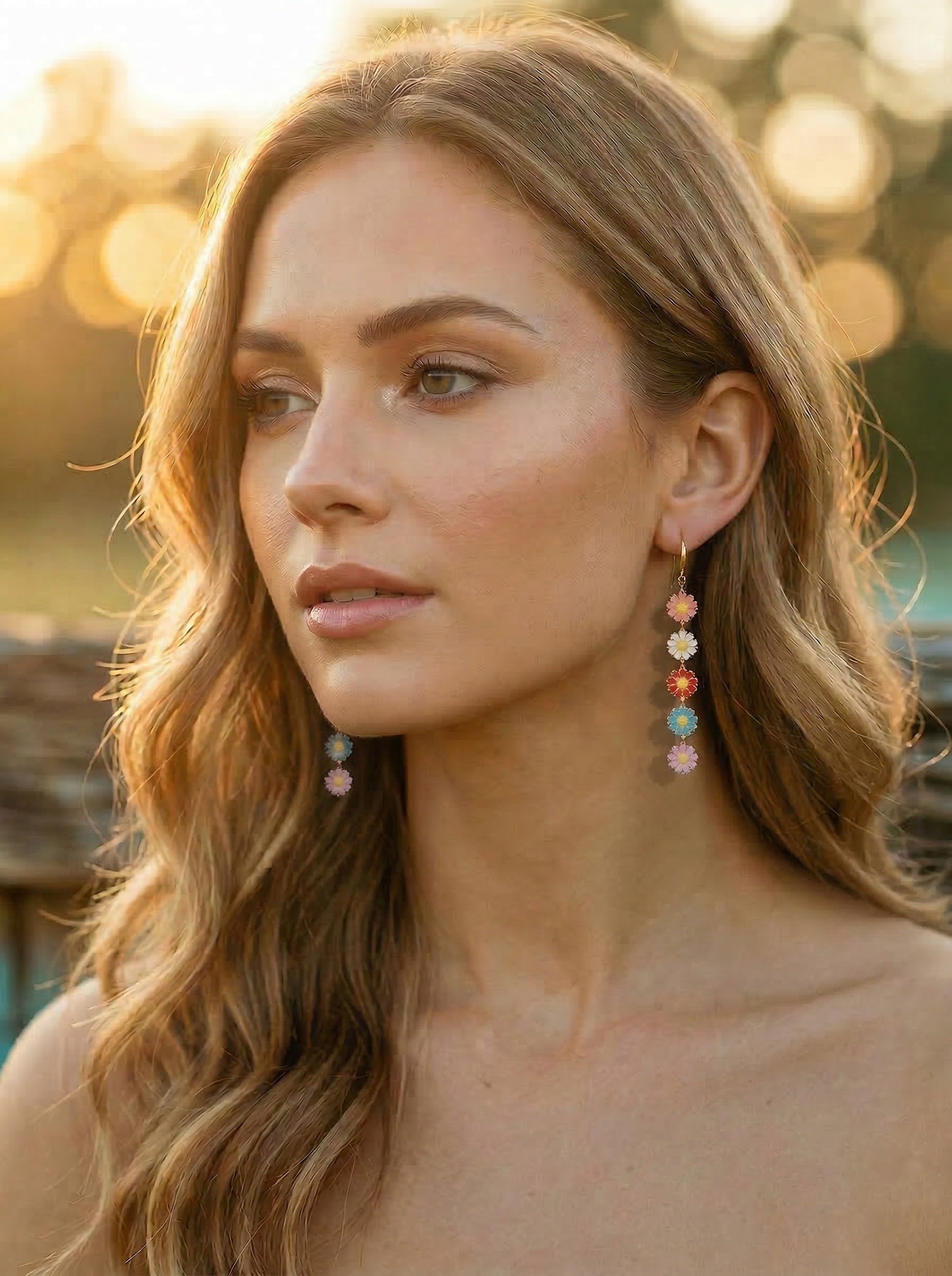 Woman wearing multicoloured daisy earrings with a blurred natural background