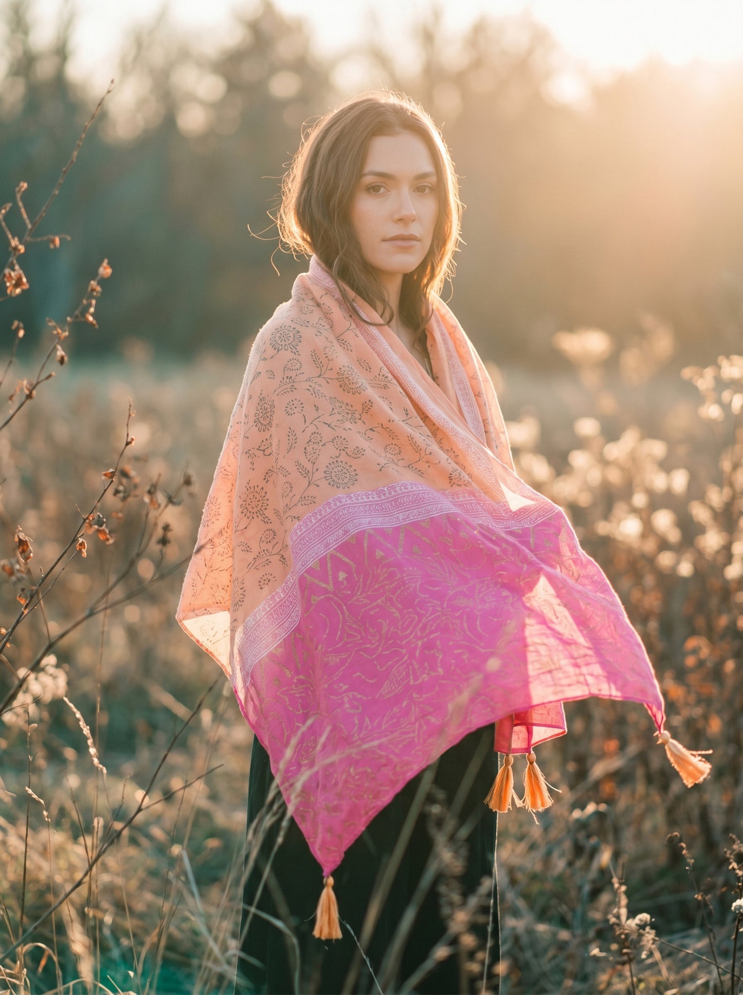 Woman wearing a pink and orange patterned scarf in a natural setting