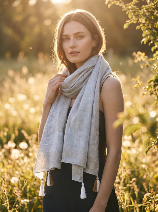 Woman wearing a light gray scarf in a natural setting with sunlight filtering through.